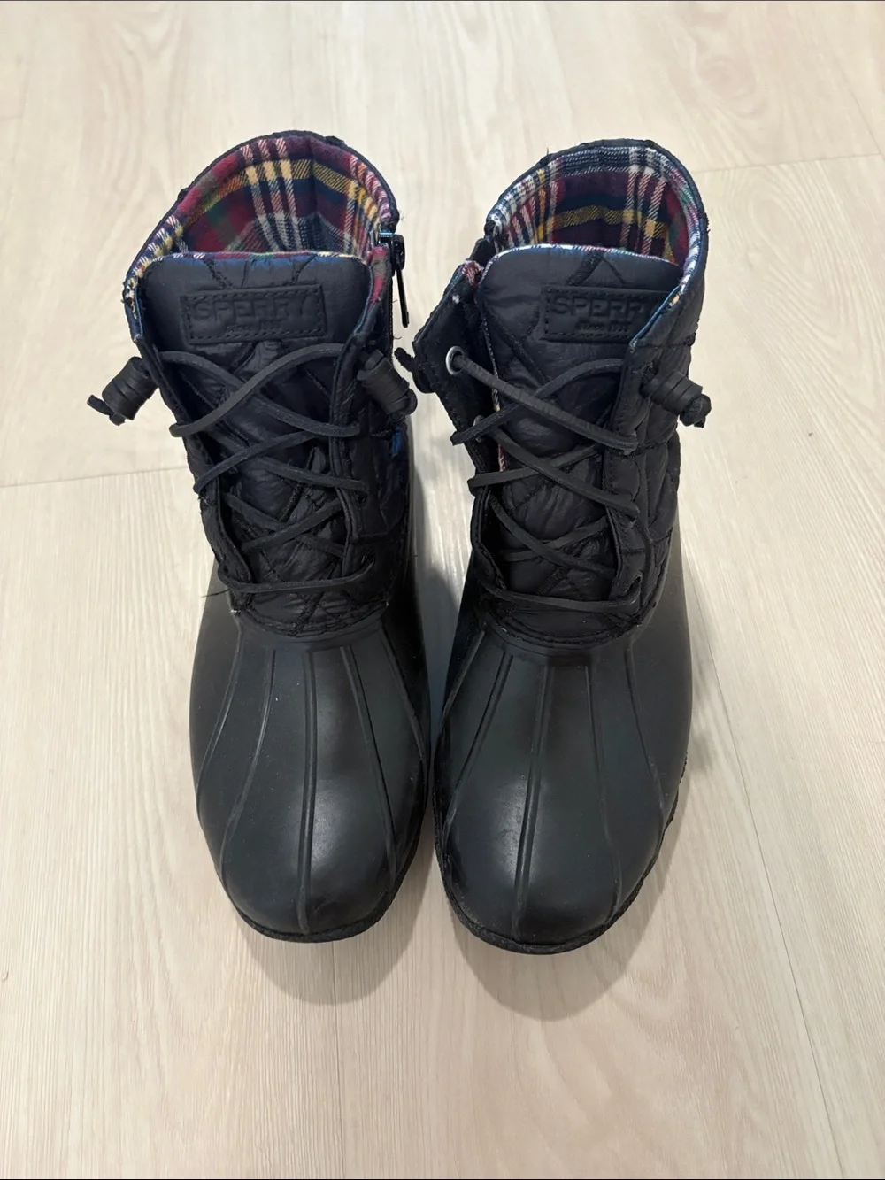 Sperry Black Waterproof Duck Boots with Plaid Lining